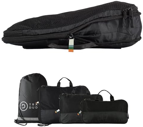 Travel Dude Packwürfel Set mit Kompression aus recycelten Plastikflaschen | Leichte Packing Cubes | Packtaschen Set für Rucksack & Koffer (Schwarz, 4-teiliges Set)