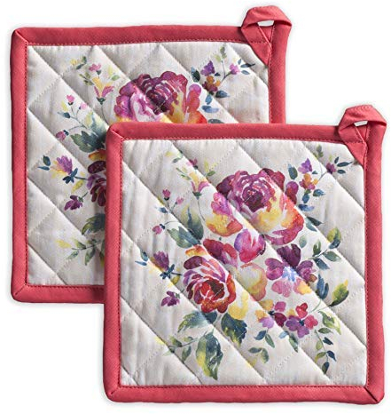Maison d' Hermine Pot Holders set 100% Cotton Heat Resistant Potholders 20 cm x 20 cm Hot Pads with Loop BBQ, Cooking, Baking, Grilling, Handling Hot Pans Spring/Summer (Pack of 2, Rose Garden)