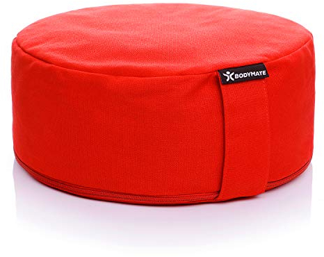 BODYMATE Yogakissen rund 31cm Durchmesser 13cm hoch Rot mit Buchweizen-Spelz Füllung – Maschinenwaschbarer Bezug aus 100% extra Dicker Baumwolle – Meditationskissen – Sitzkissen