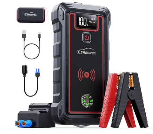 YABER Booster Batterie, 3500A 23800mAh Portable Jump Starter (Tout Gaz ou 8,0 L Diesel) , Chargeur sans Fil avec Lamp LED, Écran LCD, Marteau de Sécurité, Boussole