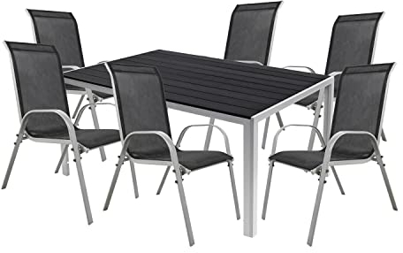 Mojawo 7er Set Alu Silber Gartenmöbel Gartengarnitur Non Wood 150x90x74cm + 6 Stapelstühlen Textilen