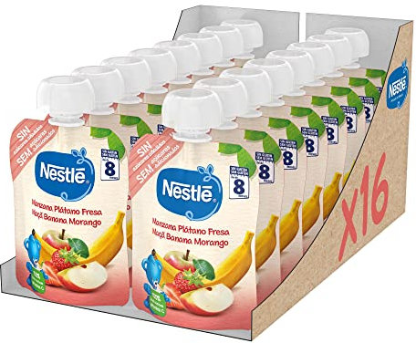 Nestlé Papillas Bolsita Puré Manzana, Plátano Y Fresa, A Partir De Los 8 Meses, 90 G - Pack 16 bolsitas 90g