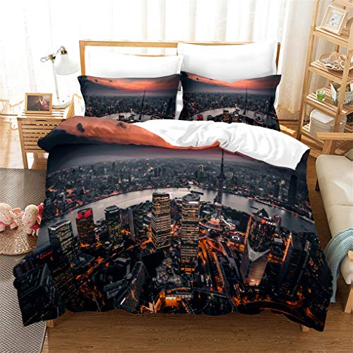 3D Drucken Städtisch Bettwäsche-Set New York Landschaft Hochhaus Wagen Nachtsicht Lebhafte Straßen Bettbezug und Kissenbezug Junge Mädchen (Stil 2, Bettbezug 155x220 cm + 2 Kissenbezug 80x80 cm)