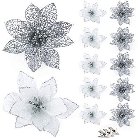 Glitter Christmas Poinsettia Ornaments 24Pcs Sliver Artificial Flower Tree Decorations for Christmas Tree Wendy Wreaths Decor