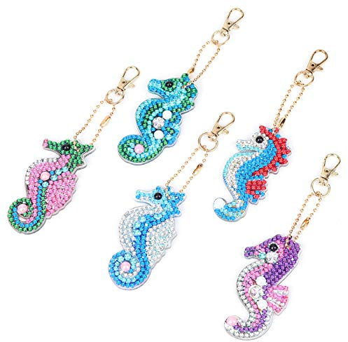 VETPW 5 Stück 5D DIY Diamant Malerei Schlüsselbund mit Seepferdchen Design, Doppelseitig DIY Full Drill Diamond Pasted Painting Keychain für Damen Geldbörse Rucksack Handtasche Dekoration