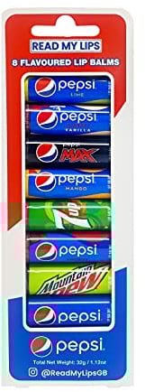 READ MY LIPS Lippenbalsam-Set mit Pepsi-Geschmack – formuliert mit Bienenwachs – lustige Partytütenfüller oder Weihnachtsstrumpffüller – tierversuchsfrei – Party-Set mit 8 aufregenden