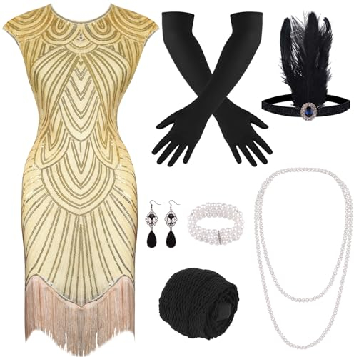 PLULON 1920s Pailletten Perlen Fransen Flapper Kleid mit 20s Accessoires Set (Beige)