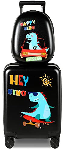 Weewooday Kindergepäck und Rucksack, 45,7 cm (18 Zoll) Koffer mit Spinner-Rädern, Hartschalen-Reisegepäck, 33 cm Rucksack, Mädchengepäck-Set für Kinder, Reisekoffer-Zubehör, Schwarz, Dinosaurier-Stil