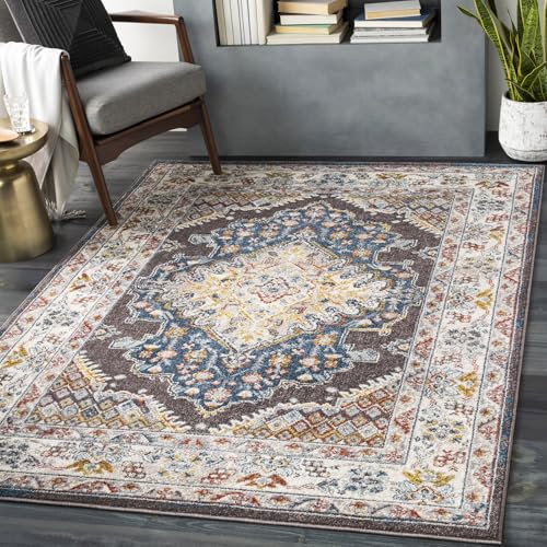 Livabliss Casablanca Vintage Rug - Area Rugs Living Room 200x275 cm, Dining Floor, Kitchen, Traditional Multicoloured Boho Style, Easy Care Pile, Bohemian Large Rug, Brown, Blue, Mustard, Rust