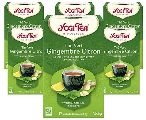 Yogi Tea - Grüntee Ingwer Zitrone, Ayurvedischer Bio Gewürz- und Kräutertee, Mischung aus Grünem Tee, Ingwer und Zitrone, Yogi Tee 6er Pack, 6x17 Beutel (102 Teebeutel insgesamt), Ideal als Geschenk
