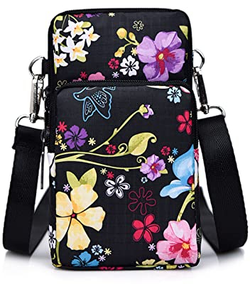YAMEIZE Femme Sac Bandoulière Téléphone Crossbody-Imperméable Portable Porte Monnaie Réglable Sacoche Fleur Noir