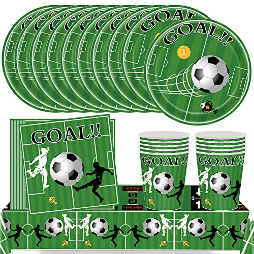MEZHEN Fussball Partygeschirr Kindergeburtstag Deko Geburtstag Fussball Party Geschirr Tischdecke Pappteller Becher Servietten Geburtstagsparty Set Tischdeko 10 Persone
