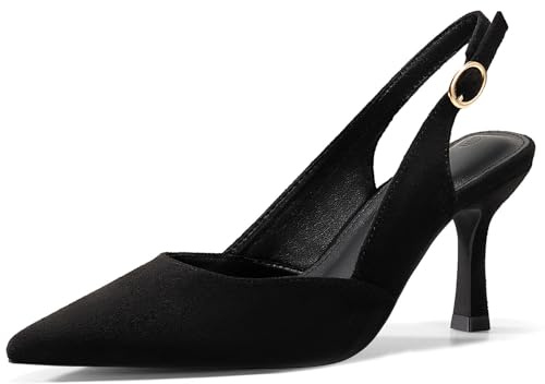 Rilista Womens Slingback Pumps Closed Pointed Toe Kitten Heel Sandals Wedding Evening Party Dress Shoes Black Suede