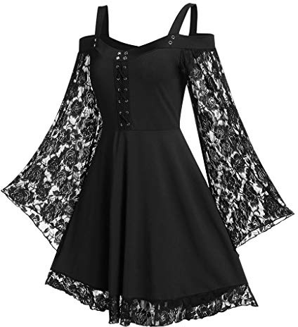 Damen A-Linie Mittelalter Kleid Gothic Maxikleid Übergroßes Mesh Schnürkleid mit Schmetterlingsärmeln Renaissance Cosplay Dress Party Festlich Halloween Kostüm Kleid