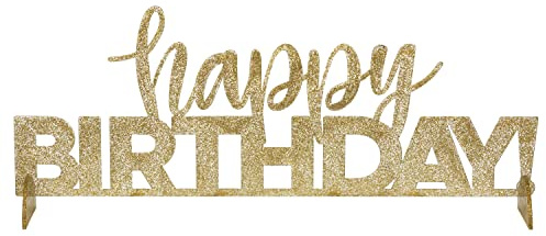Unique 23957 - Centre de Table en Acrylique - Happy Birthday - Transparent avec des Taches de Feuille d'Or - 1 Pièce (Lot de 1)