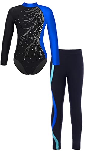 FEESHOW Mädchen Turnanzug Langarm Gymnastikbody Tanz Ballett Leotard Strumpfhose Sportanzug Leggings Bodysuit Set Wettkampf Tanzkleidung D_Blau 146-152/11-12 Jahre