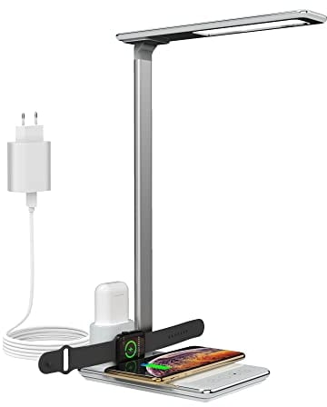 RealPower ChargeAIR All Light Schreibtischlampe mit QI Ladefunktion 10W Wireless, 5W dimmbar LED Tischleuchte 4 Farbtemperaturen, Faltbare Tischlampe, lädt Apple Watch, AirPod Charger inkl. Netzteil