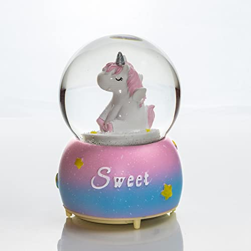 Castell Deco - Bola De Nieve, Globo De Cristal, Música & Luz - Unicornio, Innovador Decorativo, Regalo niña, Caja Musical, luz led de Noche, mas de 7 melodías Diferentes. (Rosa)