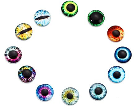 Lot de 20 yeux en verre pour couture, accessoires d'artisanat - Œil de chat, dragon, dinosaure, œil de pupille, camée