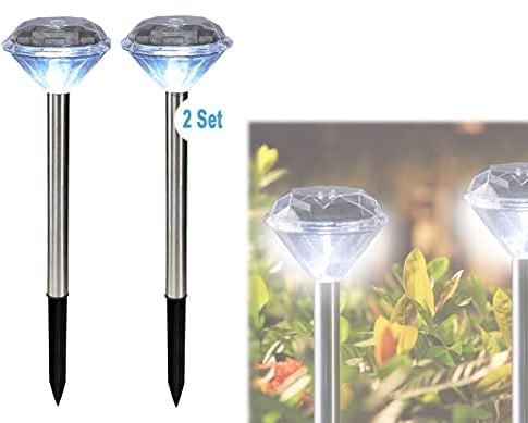 bmf-versand® Solarlampen für Außen Garten Edelstahl 2er Set - 2 Wegeleuchte Solar Diamant Form - Solarleuchte Erdspieß Höhe 34 cm - Aussenlampe LED Wegelampe - Gartenlampe Stehend