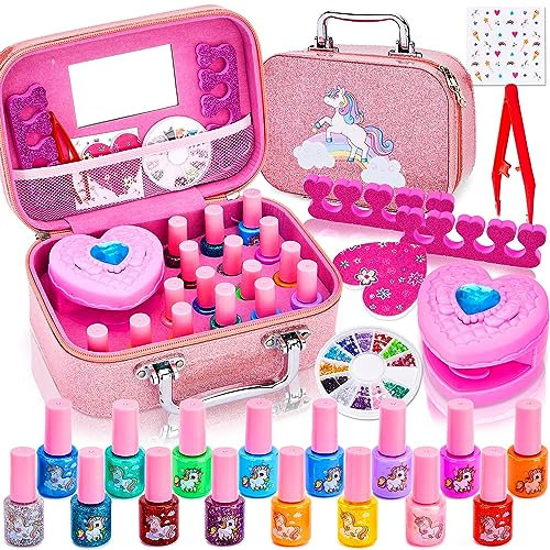 Lubibi Kids Nail Varnish Set For Girls, 16 Colour Non-Toxic Peel-Off Water-Based Safe Quick Dry Nail Polish With Nail Dryer,Nail Files, Nail Stickers, Gem, Unicorn Vanity Case, Unicorn Gifts for Girls