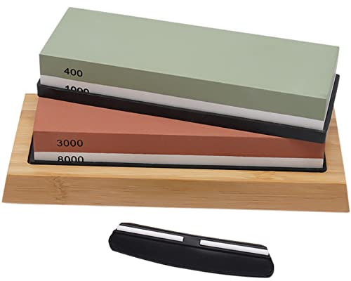 Profi Schleifstein Set, Abziehstein Wetzstein 400/1000 3000/8000 MesserschäRfer,Mit Bambusbasis Und SchleifwinkelfüHrung,22 * 10 * 10 Cm