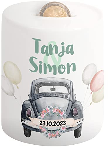 Hochzeitsgeschenke für Brautpaar - Hochzeits-Spardose mit Namen und Datum - Verpackung Just Married Hochzeit Geld-Geschenk Hochzeit personalisiert | Hochzeitstag Sparschwein | Auto Motiv (Käfer)