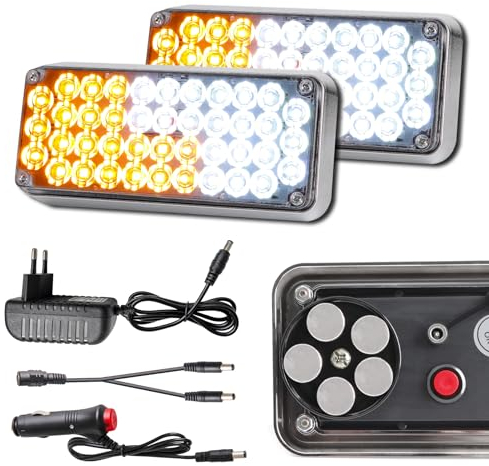 Gyrophare Led Sans Fil - 2x42 LED d'avertissement de danger magnétique pour les véhicules de poids lourds, phares d'urgence de remorque sans fil de remorque portable rechargeable (ambre/blanc)