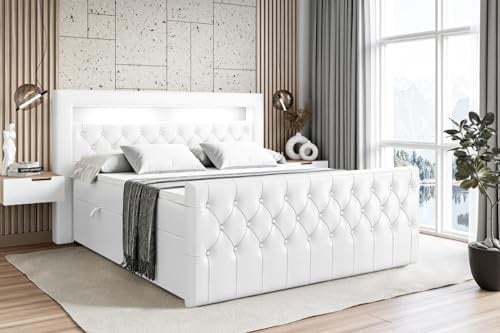 ALTDECOR Boxspringbett mit Matratze und Lattenrost, LED Boxbett, Topper, Fußteil, Polsterbett mit Bettkasten, Bett mit Stauraum H4-Matratze, Doppelbett - Aurora - 160x200 Weiß Kunstleder