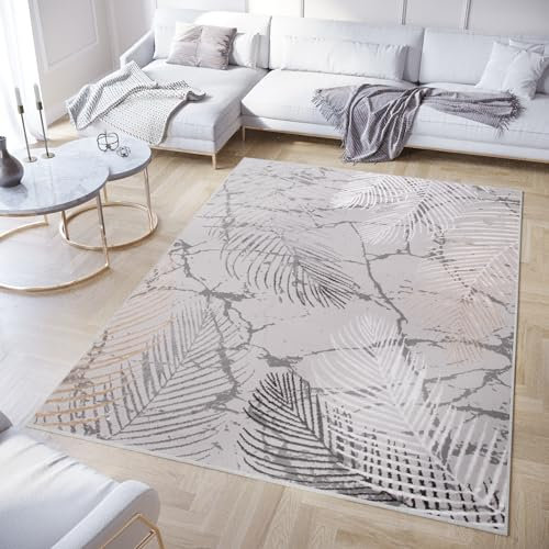 TAPISO Crystal Teppich Kurzflor Glänzend Dunkelgrau Gold Weiß Palmenblätter Feder 3D Effekt Wohnzimmer Schlafzimmer Modern Design ÖKO-TEX 80 x 150 cm
