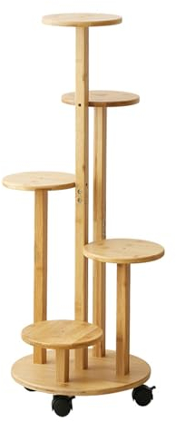 Kingbar 5 Niveaux Support Plantes en Bambou, étagère Plante avec roulettes, Support Pot De Fleurs Interieur, pour Terrasse Bureau, A