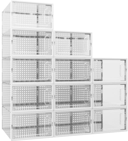 MYHMCT Cajas para zapatos, 12 cajas de plástico transparente apilables para zapatos con puerta magnética, para zapatos de hasta la talla 46