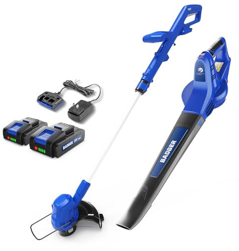 WILD BADGER POWER Désherbeur et souffleur de feuilles électrique 20 V avec 2 batteries 2 Ah et chargeur, coupe-cordes, léger, tige télescopique réglable, facile à utiliser