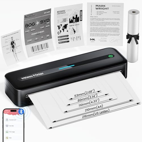 Omezizy Thermal Printer A4 - Bluetooth Portable Printer 300DPI, Mobile Inkless Printers for Business, Study, Invoice, Home, Compatible with Phones & Laptops, Black