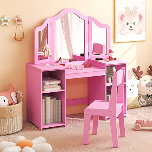 DREAMADE 2 in 1 Kinder Schminktisch mit Hocker und abnehmbarem Spiegel, Prinzessin Frisiertisch mit 4 offenen Ablageflächen, Kinderschminktisch für Kinder Mädchen (Rosa-mit Hocker ohne Box)
