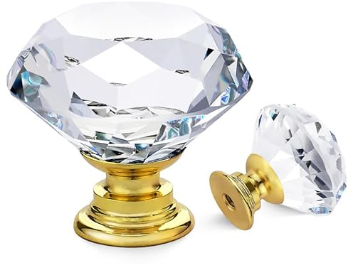 Ravinte 10 Stück Kristall Schublade knöpfe und griffe, Klar Diamant Form Knöpfe für Kommode Schubladen Küche Schrank Schublade zieht Griffe - 30mm Knöpfe mit Gold Basis