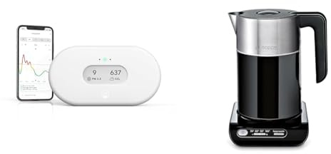 Airthings 2960 View Plus - Radon and Air Quality Monitor with PM 2.5, CO2, VOC, Humidity & Bosch Styline TWK8633GB Variable Temperature Cordless Kettle, 1.5 Litres, 3000W - Black