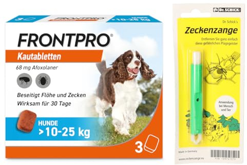 FRONTPRO Kautabletten für Hunde 10-25 kg 3-Monats-Packung zum Schutz gegen Zecken und Flöhe mit Zeckenzange: Schützt bis zu 3 Monate