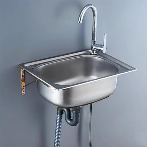 Lavello A Una Vasca,Lavello in Acciaio Inox per montaggio a parete Facile da Pulire Lavello per lavanderia con rubinetto e scarico Lavandino da Esterno Autoportante Per Interni Ed Esterni
