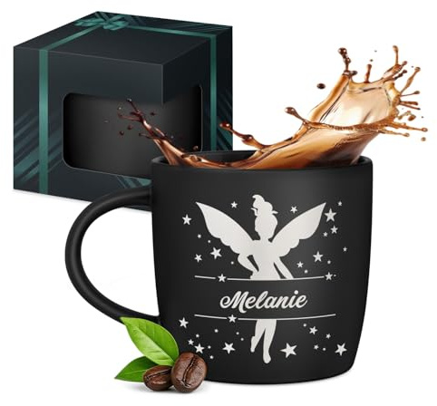 Maverton Keramik Kaffeebecher 400ml mit Gravur, schwarze Kaffeetasse | Aus Matt Keramik mit Henkel für Frauen zum Geburtstag zu Weihnachten, Trinkbecher matt schwarz, Innen schwarz, Fee