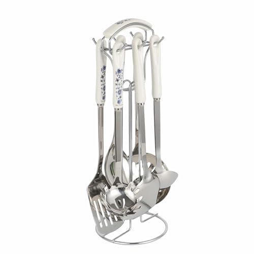 KitchBoom Vintage Blue Flower Utensil Set - 7-Piece Stainless Steel Kitchen Tools with Ceramic Handles and Carousel