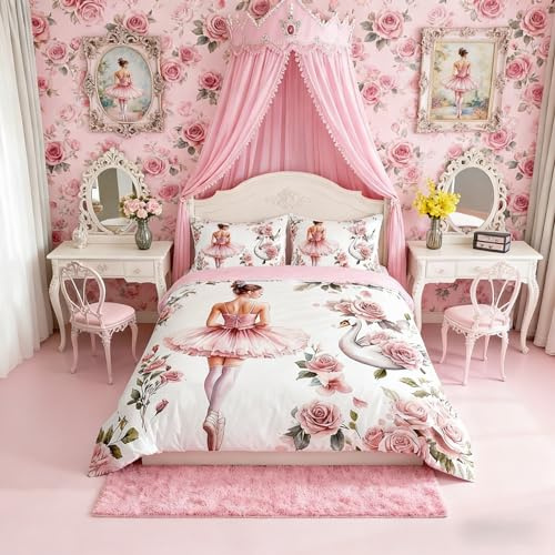 Ballet Girl single Size Duvet Cover,Princess Dancing Theme Vintage Pink Roses Flowers Duvet Cover for Kids Teens All Season,White Swan Romantic Floral Bedding Set,No Comforter