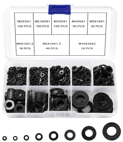 YIXISI 500 Pezzi M2 M2.5 M3 M4 M5 M6 M8 M10 Nylon Piatte Rondelle Assortimento Kit, Guarnizione in Nylon, Rondella in Plastica per Meccanica, Nero