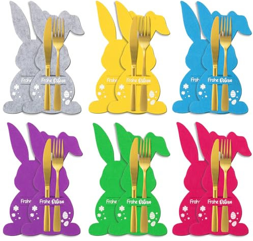BOFUNX 12 Stück Frohe Ostern Filz Besteckhalter Osterhase Besteckbeutel Kaninchen Besteckhalter für Gabel Messer Ostern Tischdeko Osterdekoration