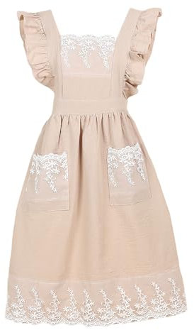G-LIKE Damen Mädchen Vintage Schürze – Klassische Ärmellose Küchenschürze Retro Kittelschürze Baumwolle mit Spitzen Taschen Schnüren Ölbeständig Schmutzabweisend für Kochen Backen Grillen (Beige)