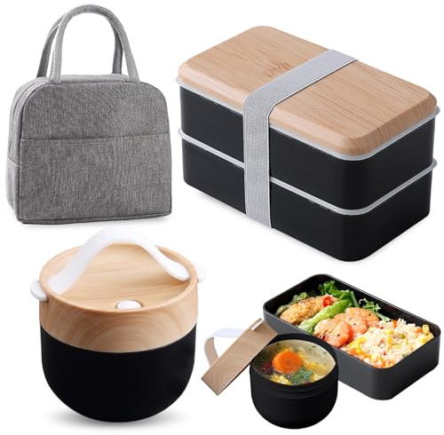 WANDGU - Caja de bento japonesa de 1400 ml, caja de bento para adultos con tazón de sopa y bolsa isotérmica, caja de almuerzo con compartimentos, apilable, para adultos y niños, para el trabajo y la