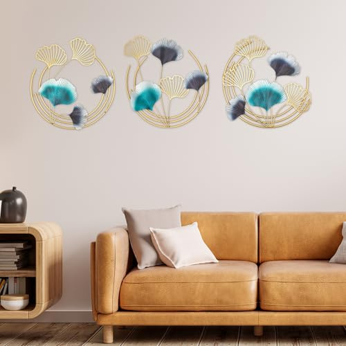 SanBouSi Wanddekoration Ginkgo 3D Metall Wandbild Wanddeko Blätter Wandverzierung Wandskulpturen, Hängende Skulptur Dekorationen, Gold