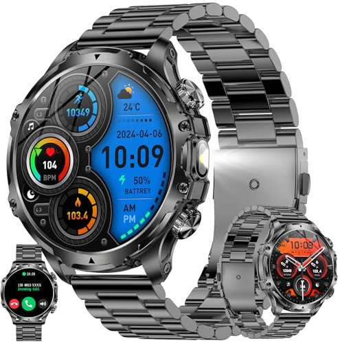 1,85” AMOLED Smartwatch Herren mit Telefonfunktion, 800mAh Akku, Taschenlampe, 5ATM Smart Watch Aktivitätstracker mit 123 Sportmodi Blutdruck Schrittzähler Armbanduhr für IOS Android (Schwarzer Stahl)