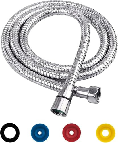 GIUSOBG Flexible de Douche Universel 1,5M/59IN Flexible de Douche Argent Tuyau de Douche en Acier Inoxydable, Raccord Fileté Universel G1/2 Flexible Douchette avec 4 Limiteur de Débit d'eau