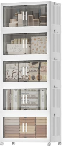 Naviconvex Storage Boxes with Lids, 5 Tier 200L Plastic Storage Box with Magnetic Doors and Wheels, Stackable Storages Boxes, Foldable Storages Drawers and Organization for Kitchen, Office, Home